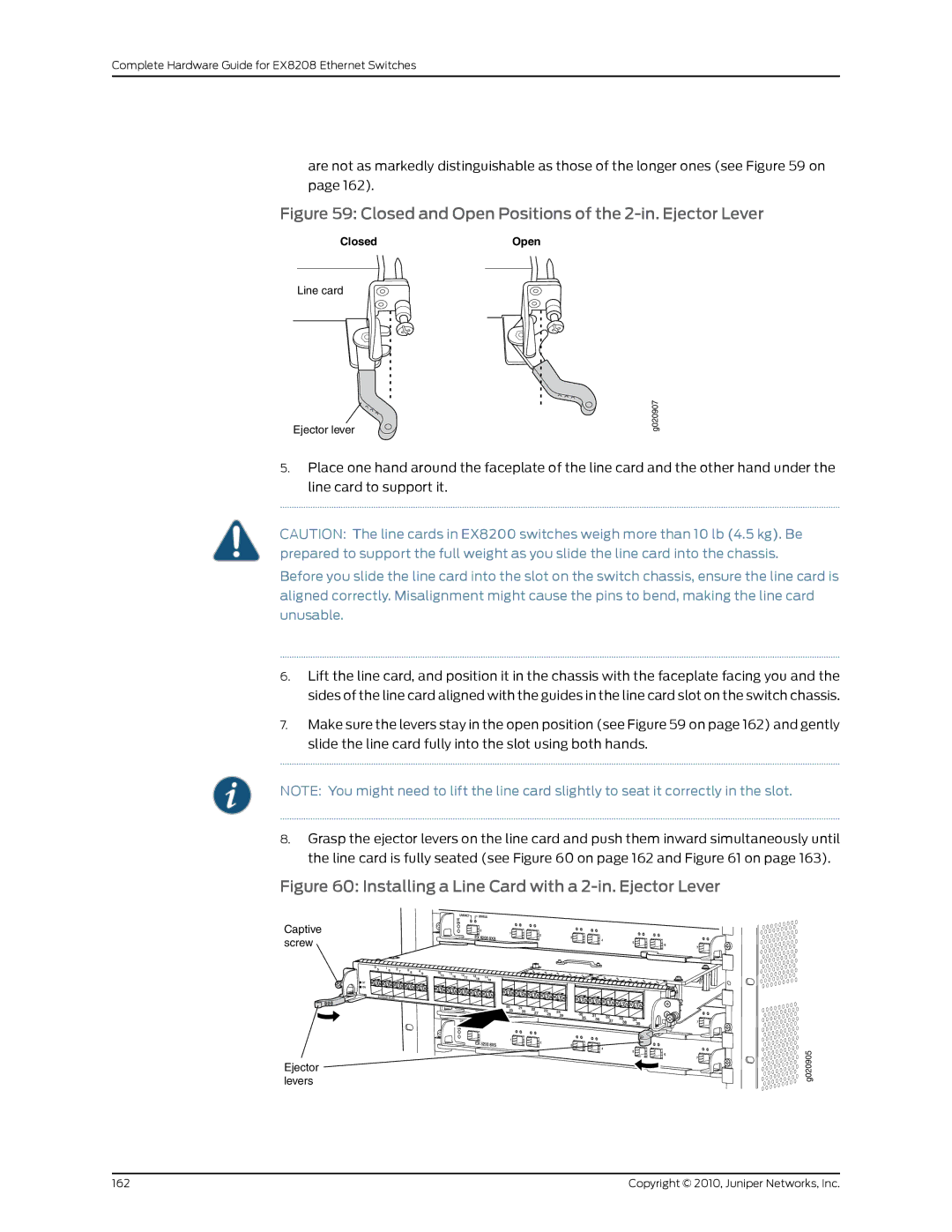 Juniper Networks EX8208 manual Closed and Open Positions of the 2-in. Ejector Lever 