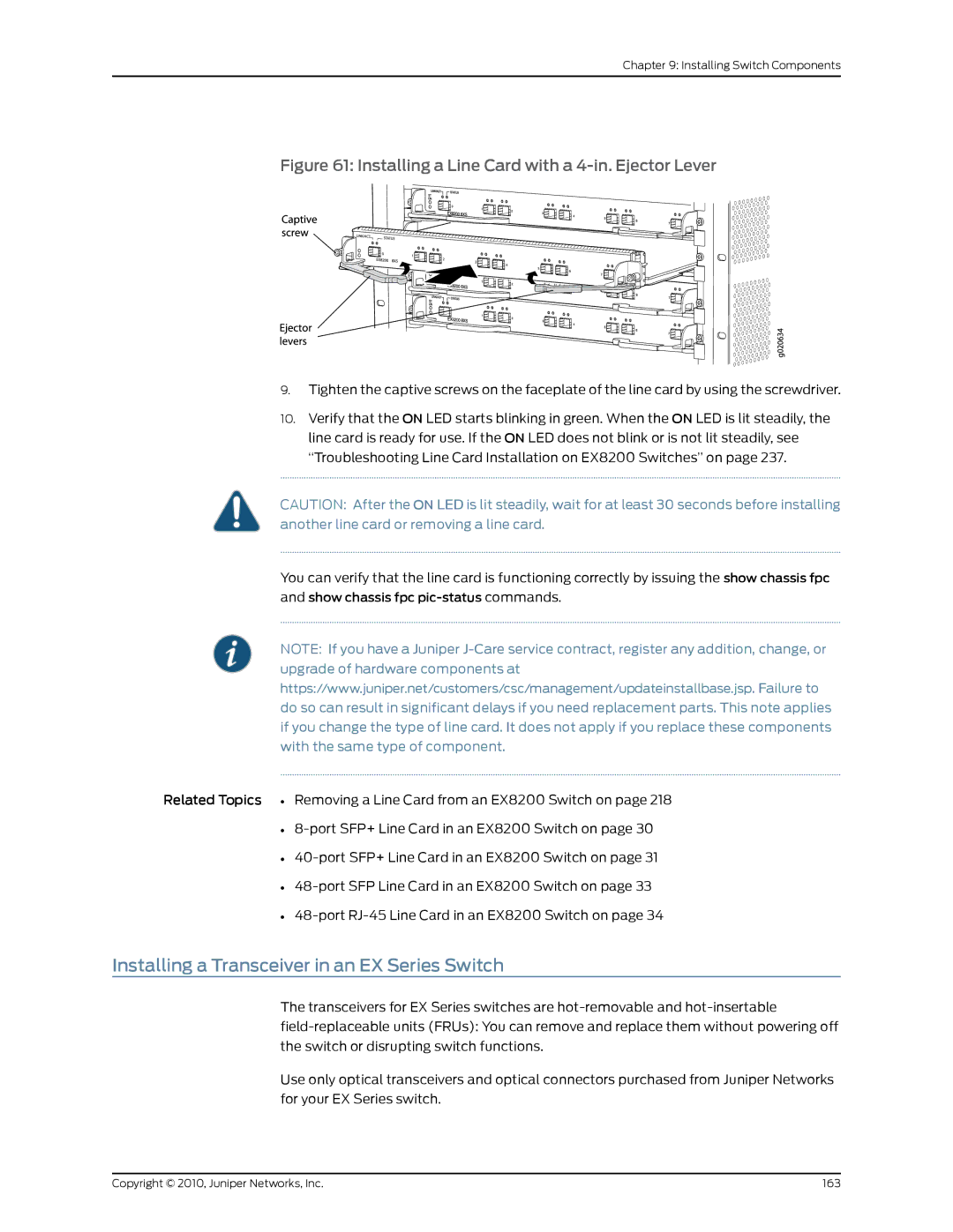 Juniper Networks EX8208 Installing a Transceiver in an EX Series Switch, Installing a Line Card with a 4-in. Ejector Lever 