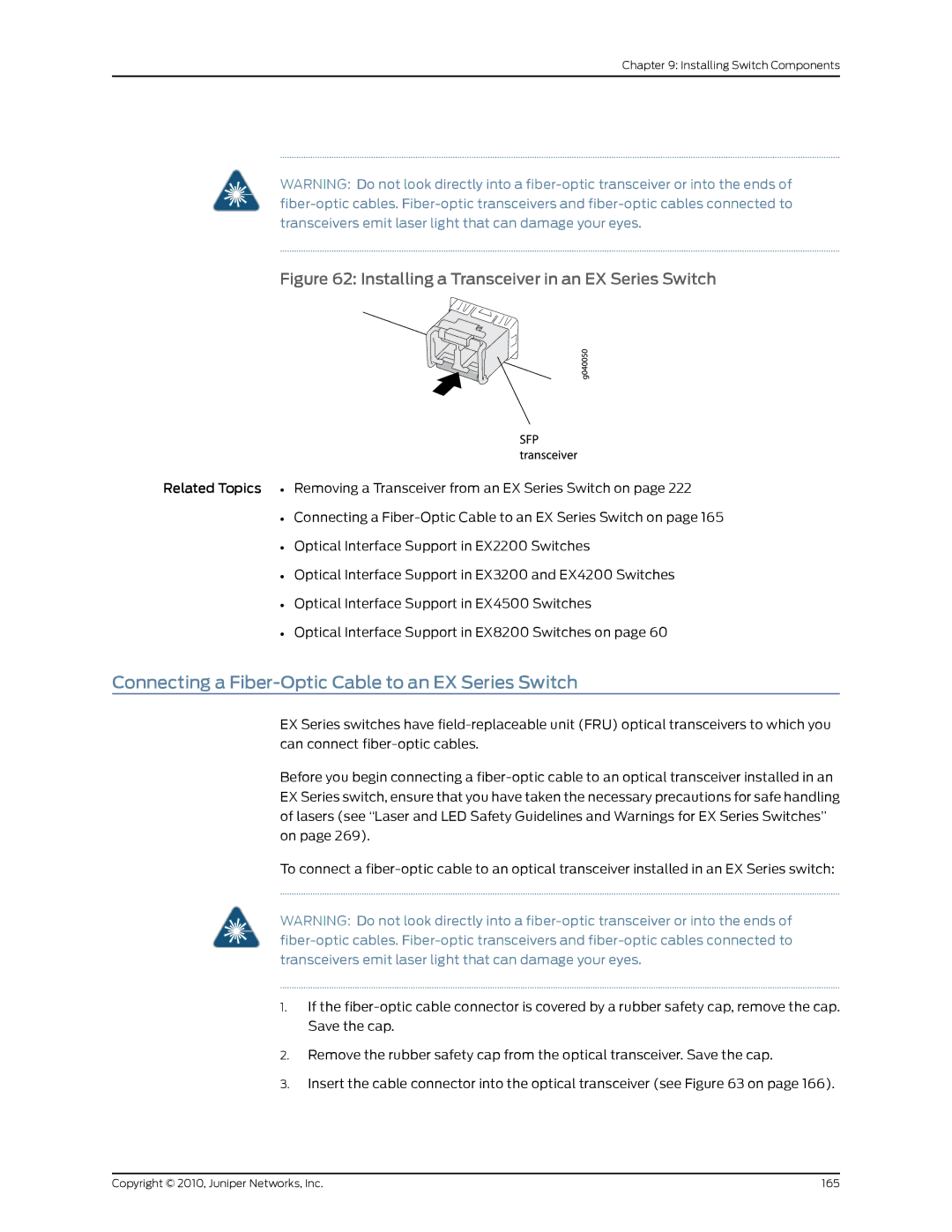 Juniper Networks EX8208 manual Connecting a Fiber-Optic Cable to an EX Series Switch 