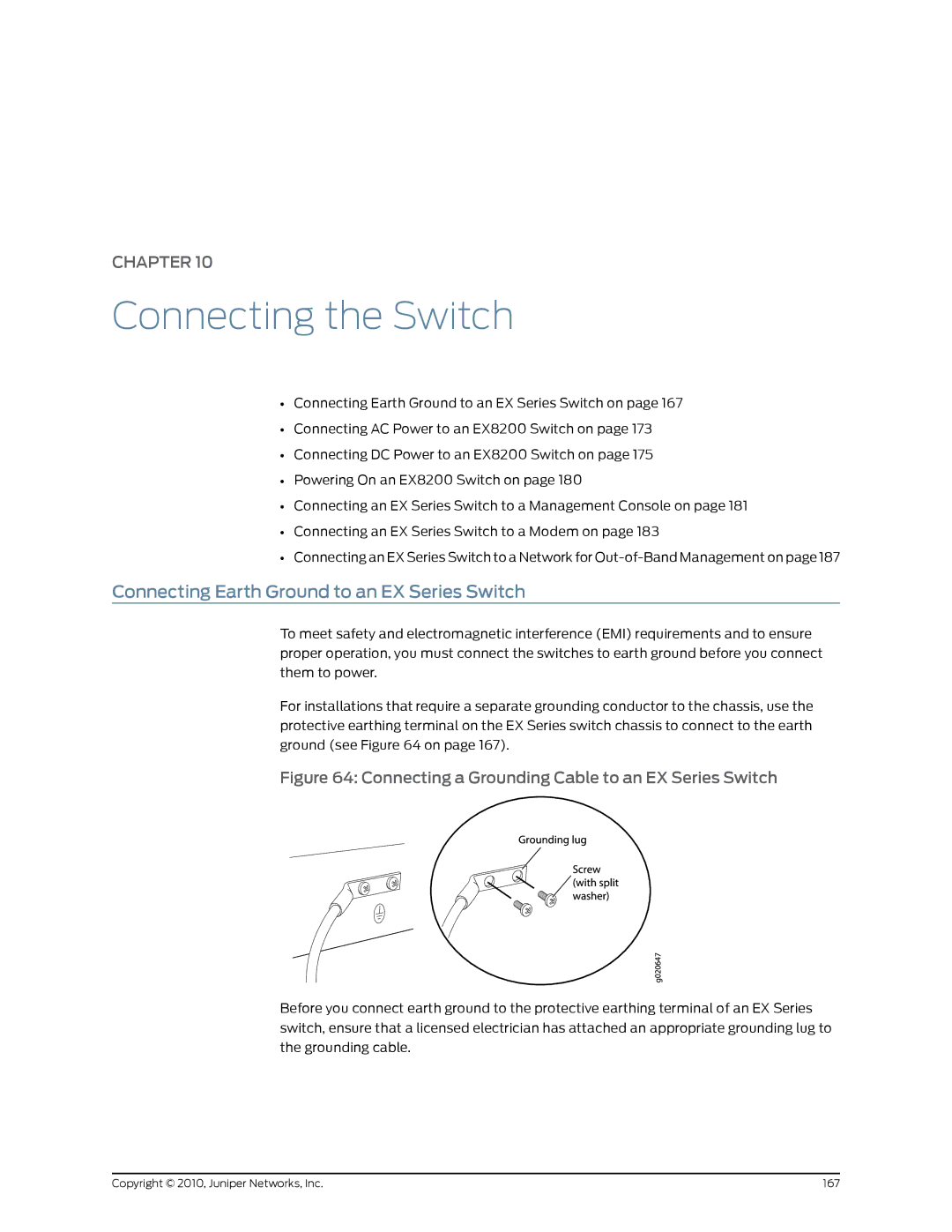 Juniper Networks EX8208 manual Connecting the Switch, Connecting Earth Ground to an EX Series Switch 