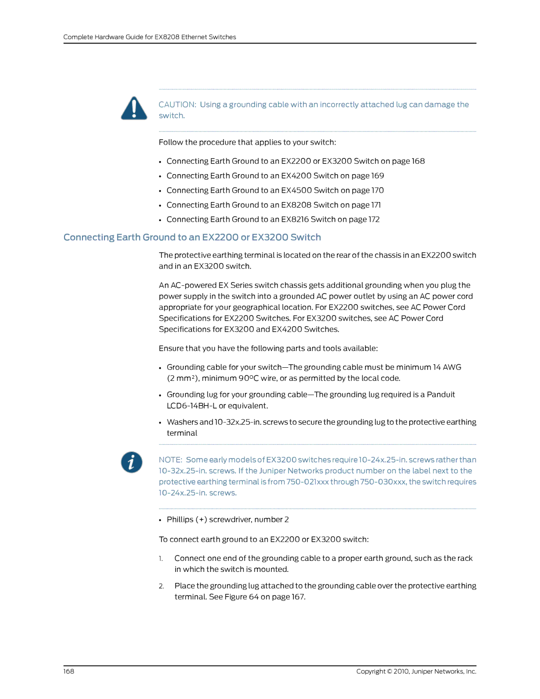 Juniper Networks EX8208 manual Connecting Earth Ground to an EX2200 or EX3200 Switch 