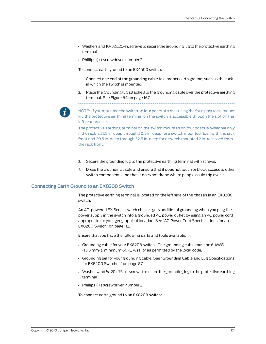 Juniper Networks manual Connecting Earth Ground to an EX8208 Switch 