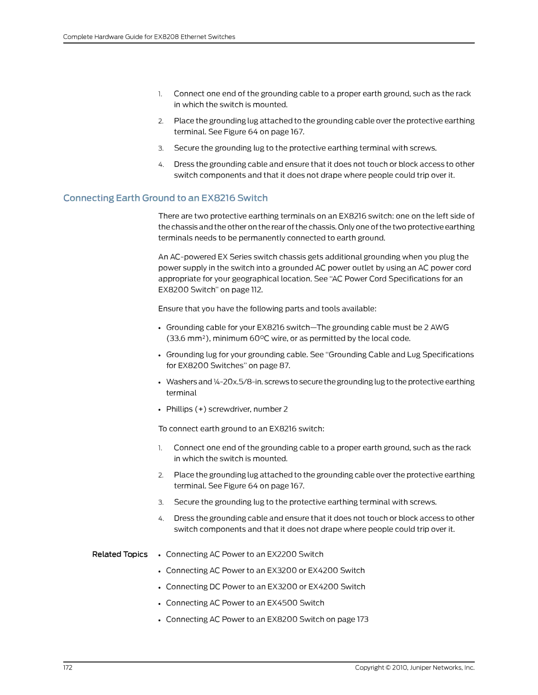 Juniper Networks EX8208 manual Connecting Earth Ground to an EX8216 Switch 