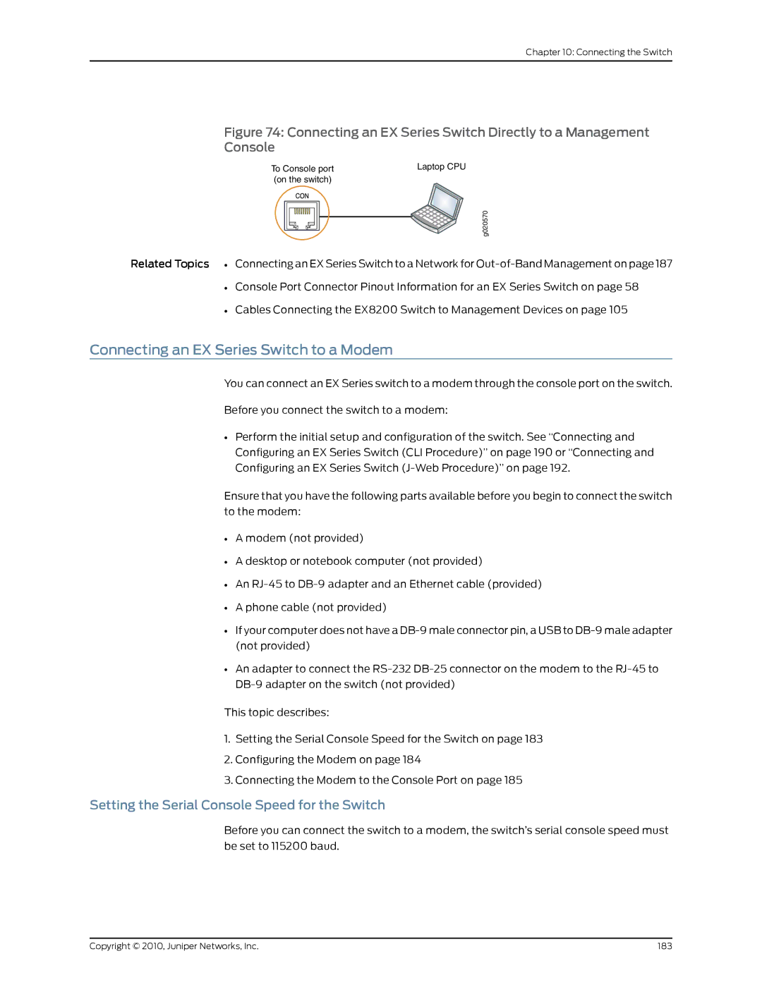 Juniper Networks EX8208 manual Connecting an EX Series Switch to a Modem, Setting the Serial Console Speed for the Switch 