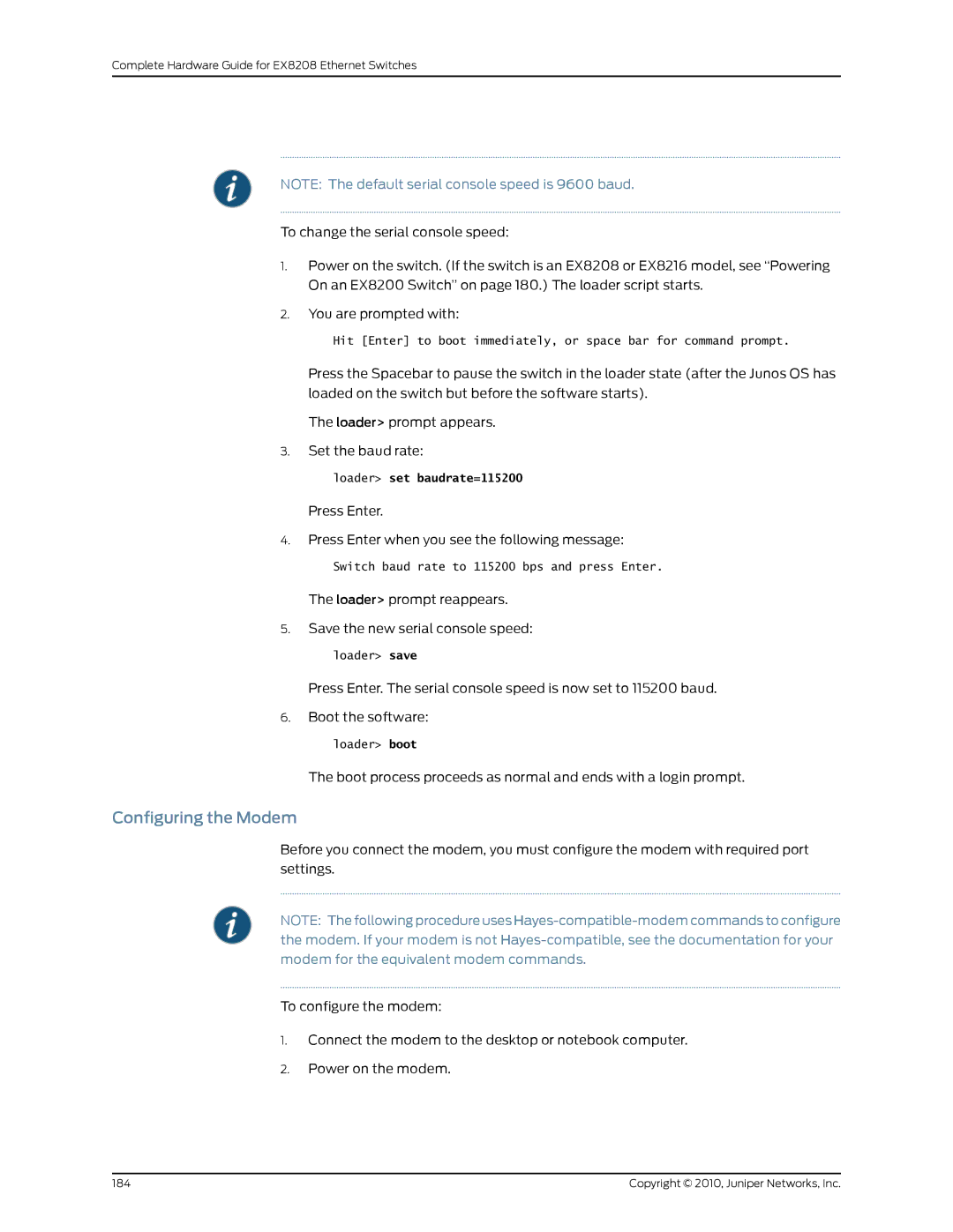 Juniper Networks EX8208 manual Configuring the Modem 