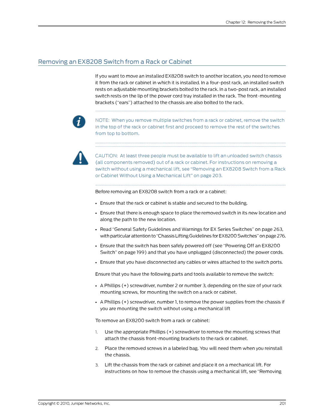 Juniper Networks manual Removing an EX8208 Switch from a Rack or Cabinet 