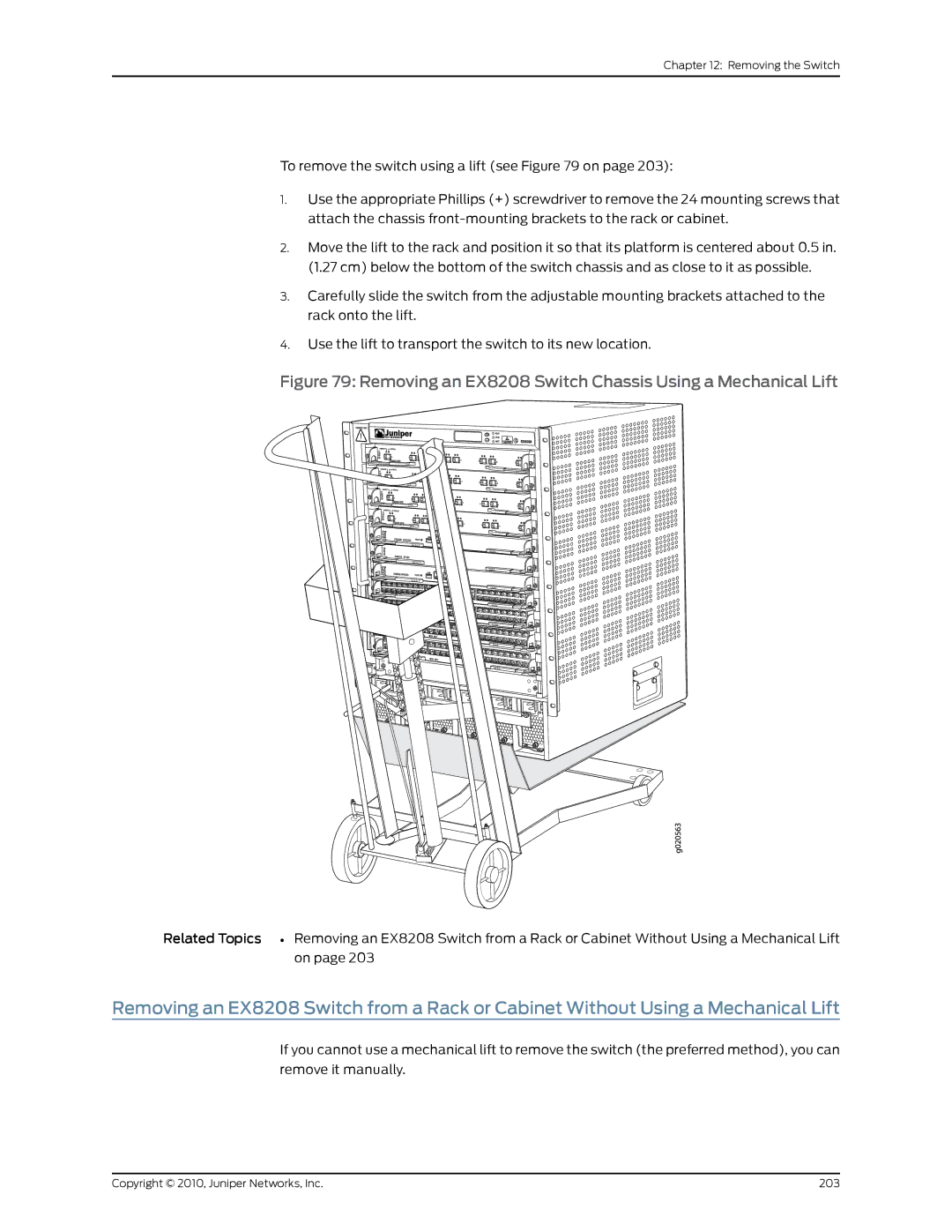 Juniper Networks manual Removing an EX8208 Switch Chassis Using a Mechanical Lift 