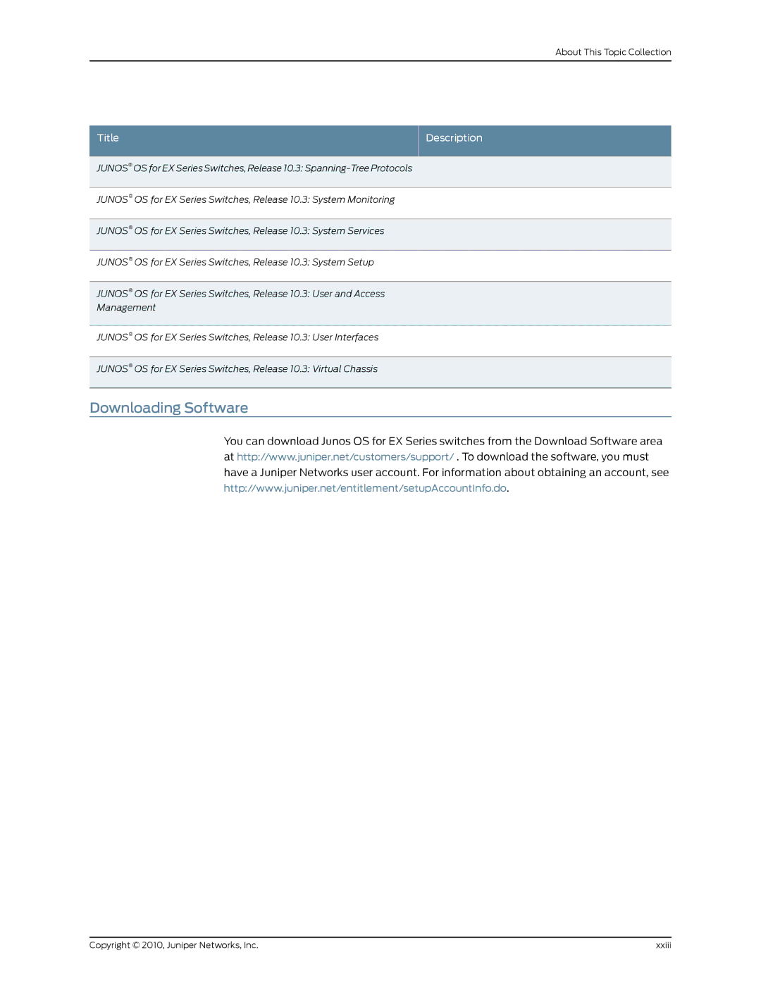 Juniper Networks EX8208 manual Downloading Software, Title Description 