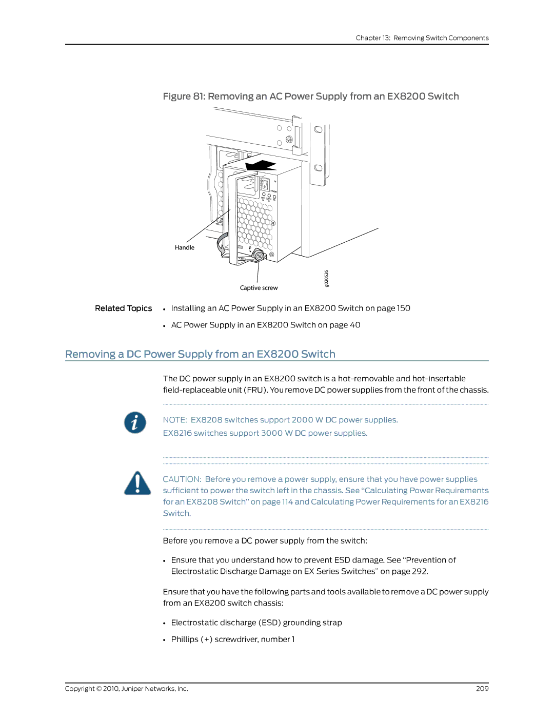 Juniper Networks EX8208 manual Removing a DC Power Supply from an EX8200 Switch 