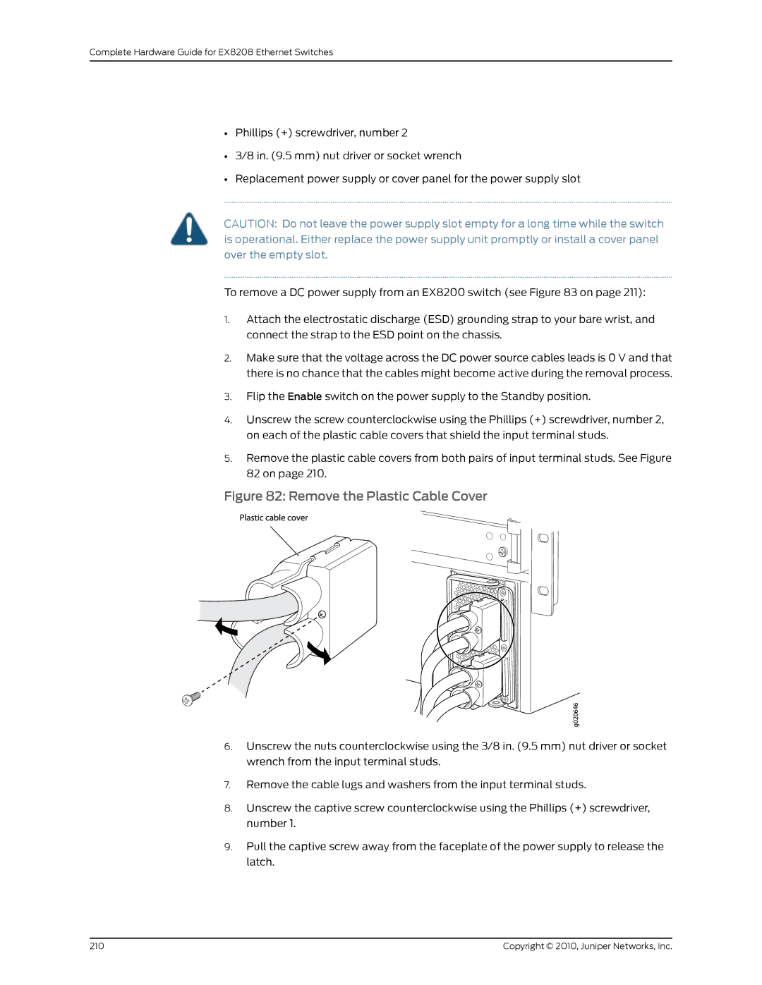 Juniper Networks EX8208 manual Remove the Plastic Cable Cover 