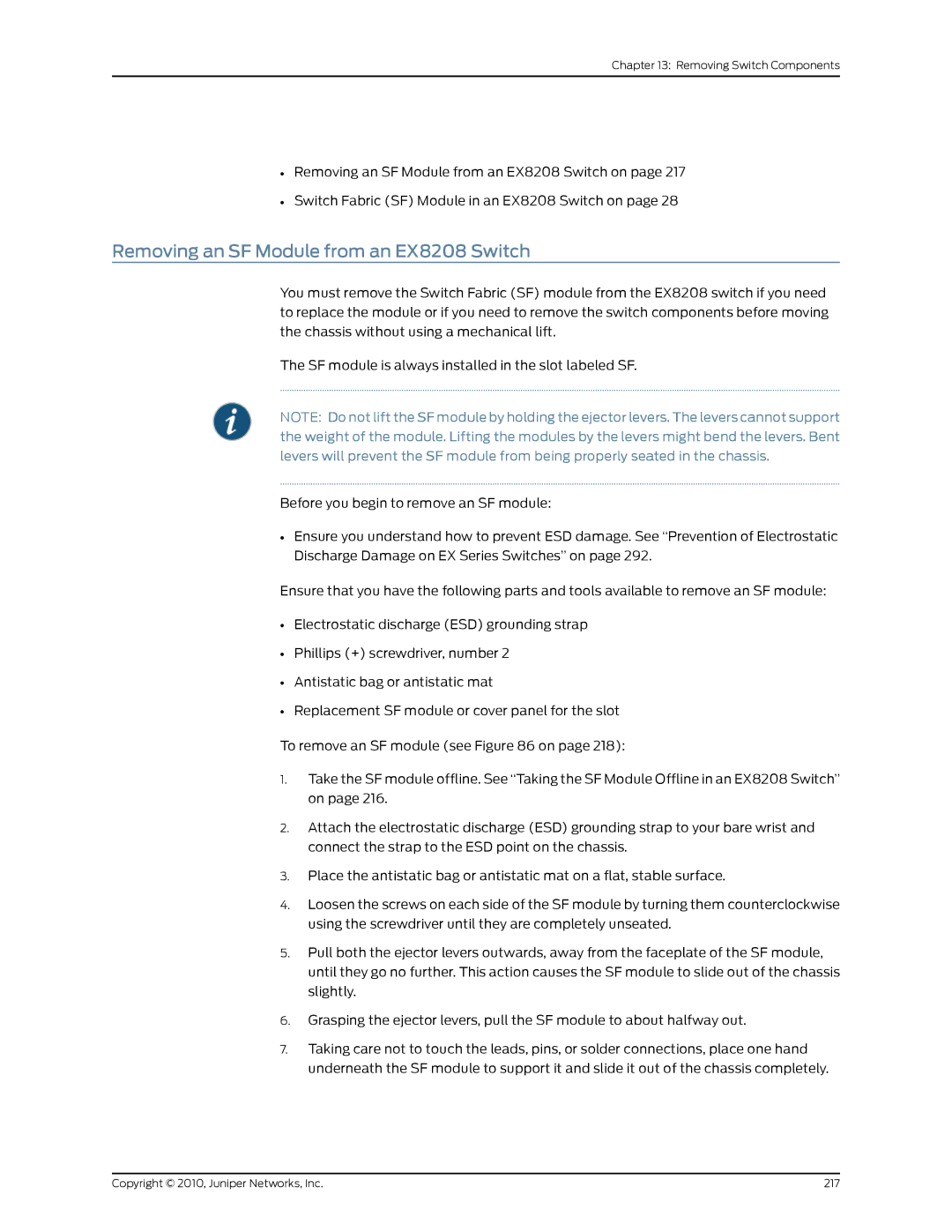 Juniper Networks manual Removing an SF Module from an EX8208 Switch 