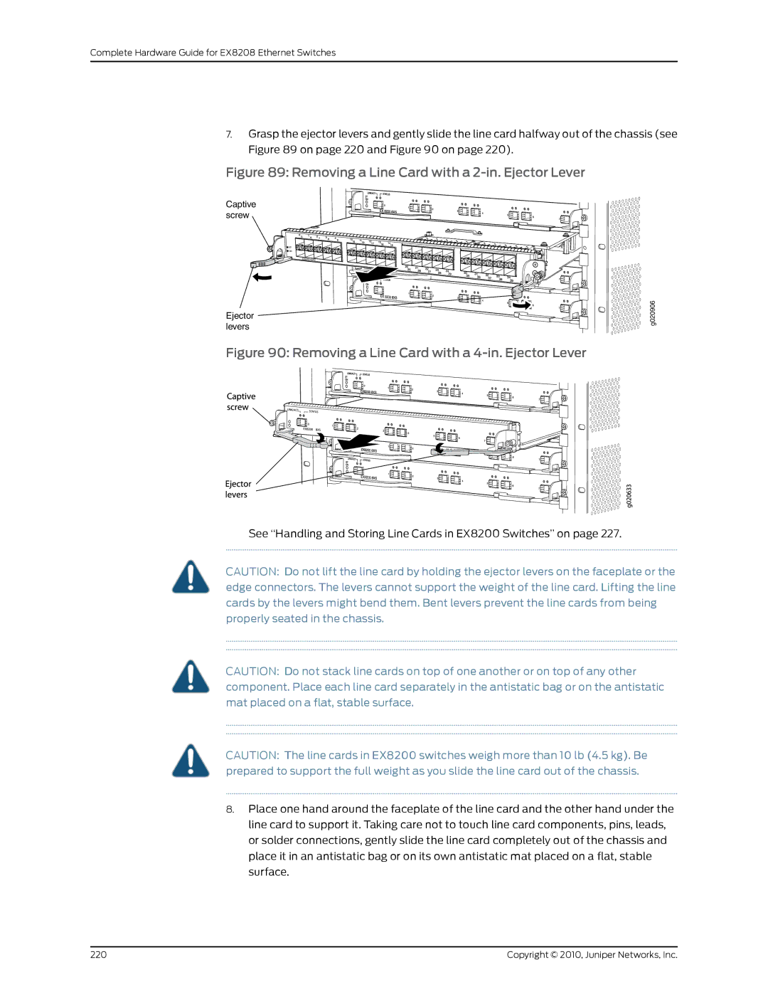 Juniper Networks EX8208 manual Removing a Line Card with a 2-in. Ejector Lever 