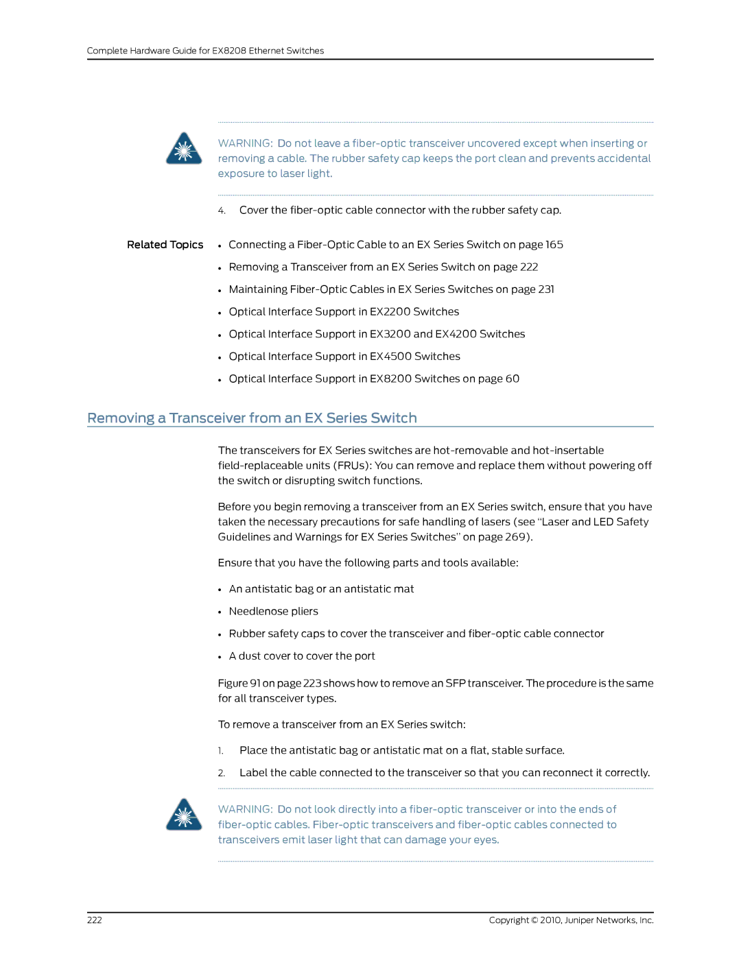 Juniper Networks EX8208 manual Removing a Transceiver from an EX Series Switch 