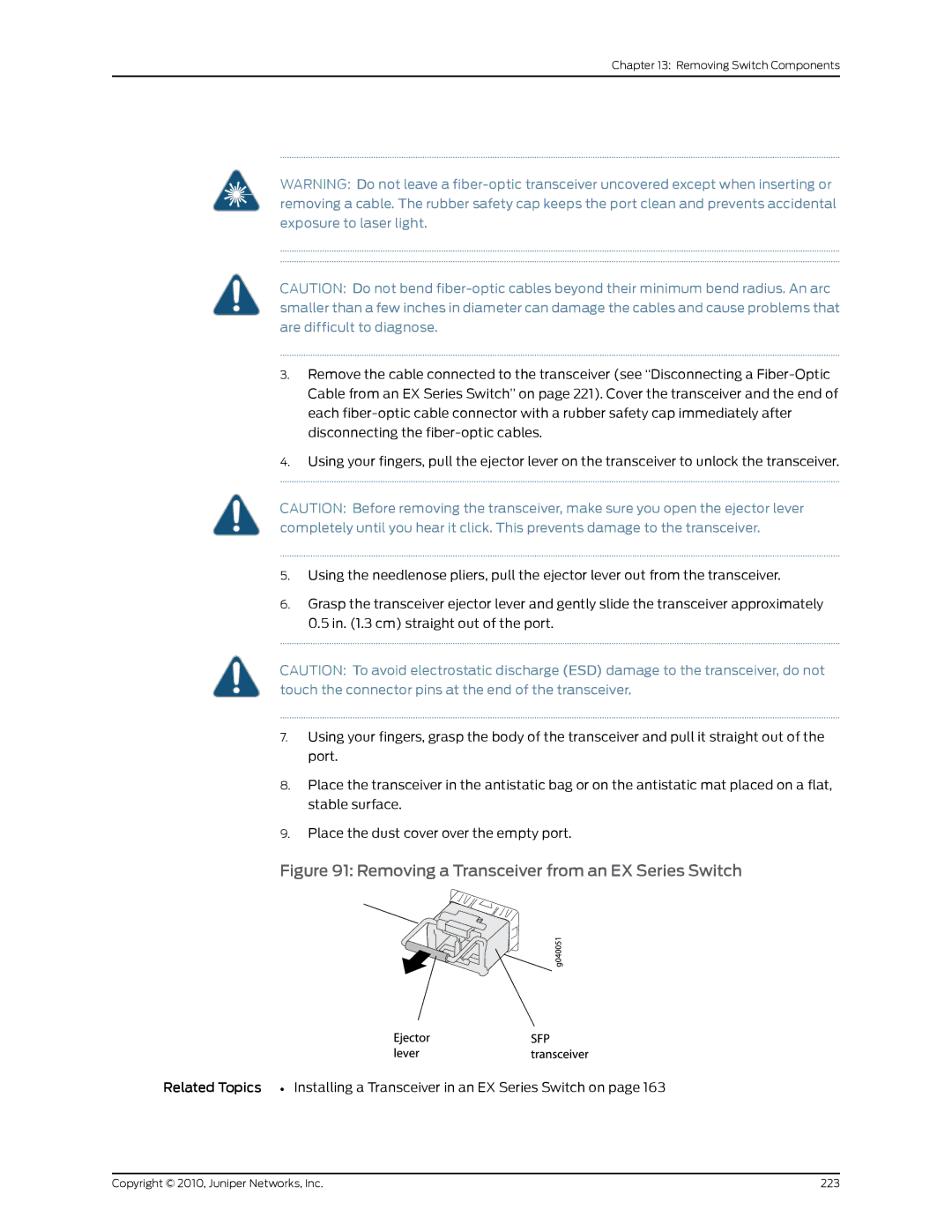 Juniper Networks EX8208 manual Removing a Transceiver from an EX Series Switch 