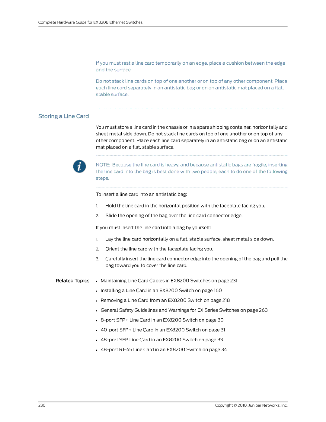 Juniper Networks EX8208 manual Storing a Line Card 