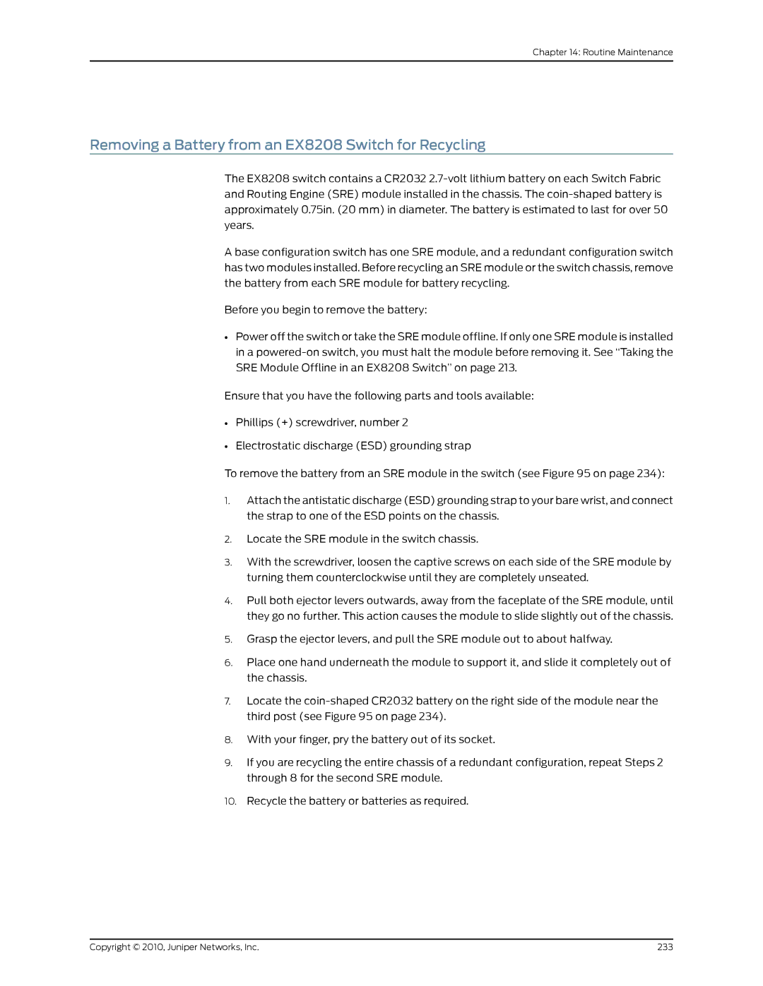 Juniper Networks manual Removing a Battery from an EX8208 Switch for Recycling 