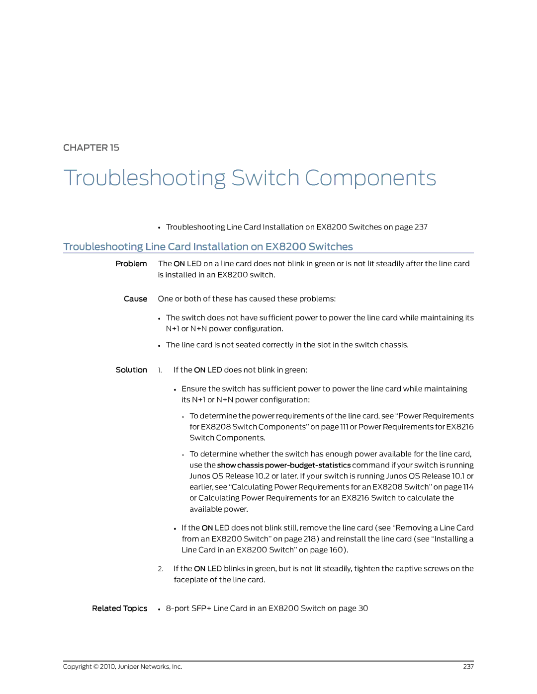 Juniper Networks EX8208 manual Troubleshooting Line Card Installation on EX8200 Switches 