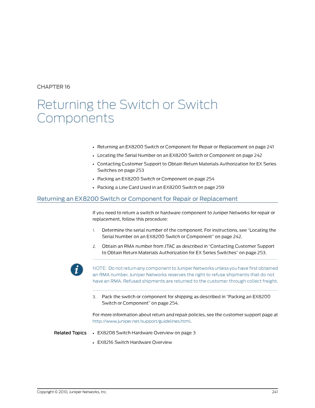 Juniper Networks EX8208 manual Returning the Switch or Switch Components 