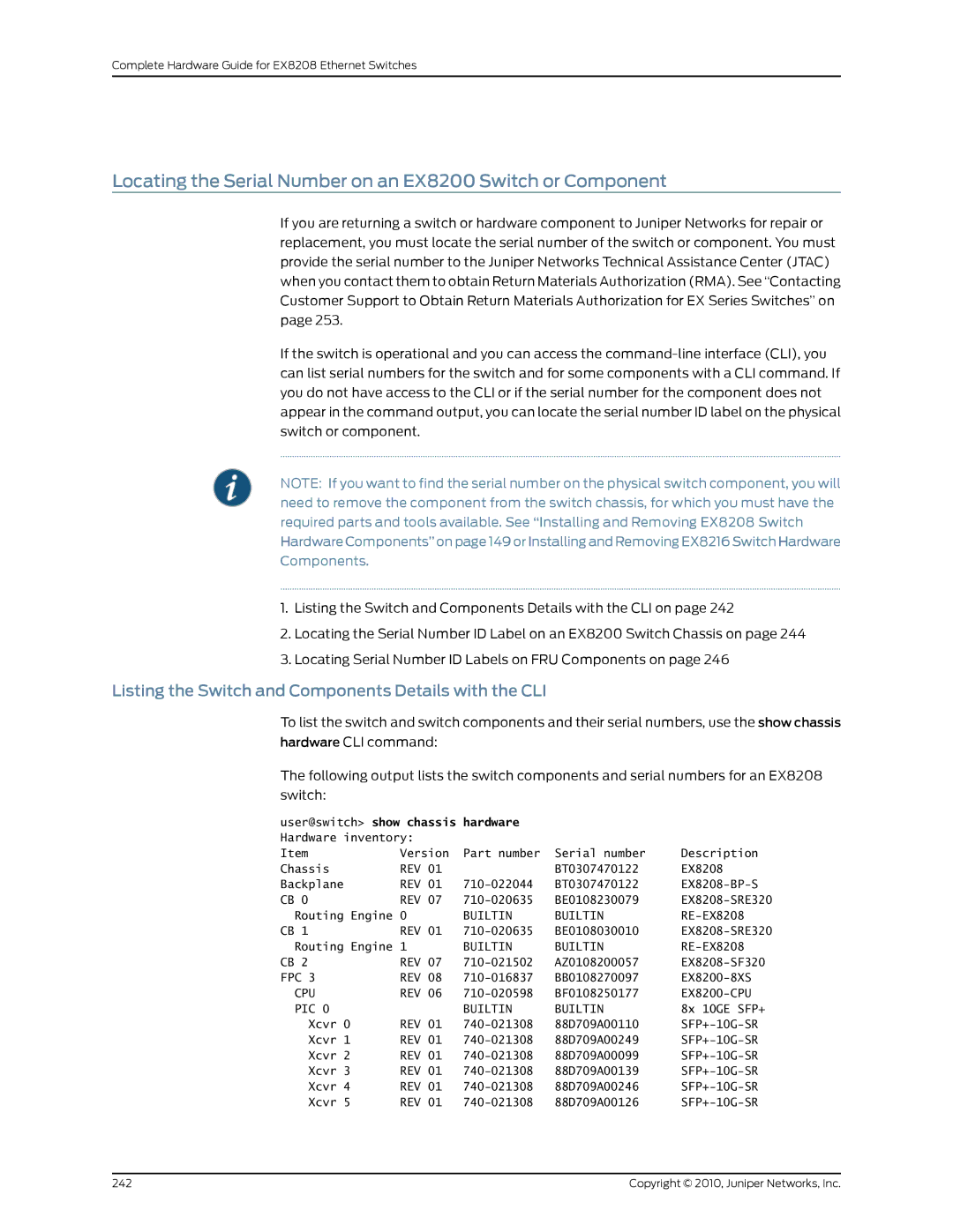 Juniper Networks EX8208 manual Locating the Serial Number on an EX8200 Switch or Component 