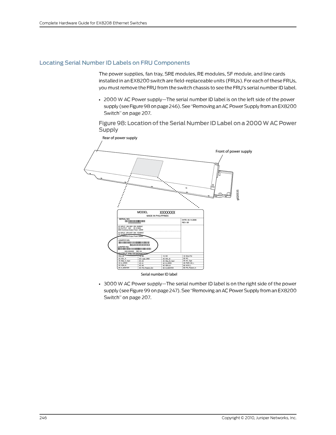 Juniper Networks EX8208 manual Locating Serial Number ID Labels on FRU Components 