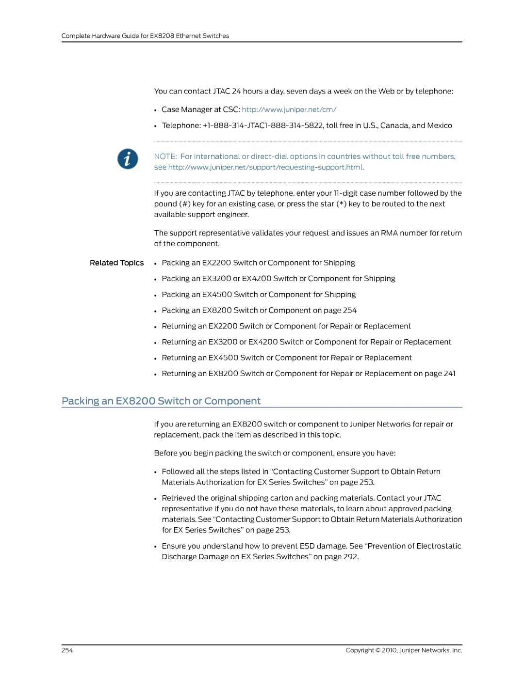 Juniper Networks EX8208 manual Packing an EX8200 Switch or Component 