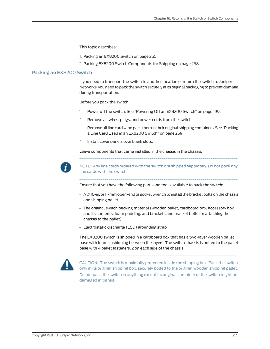 Juniper Networks EX8208 manual Packing an EX8200 Switch 