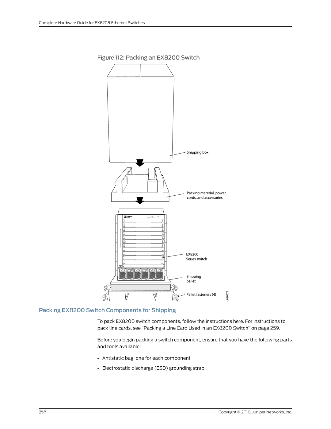 Juniper Networks EX8208 manual Packing an EX8200 Switch, Packing EX8200 Switch Components for Shipping 