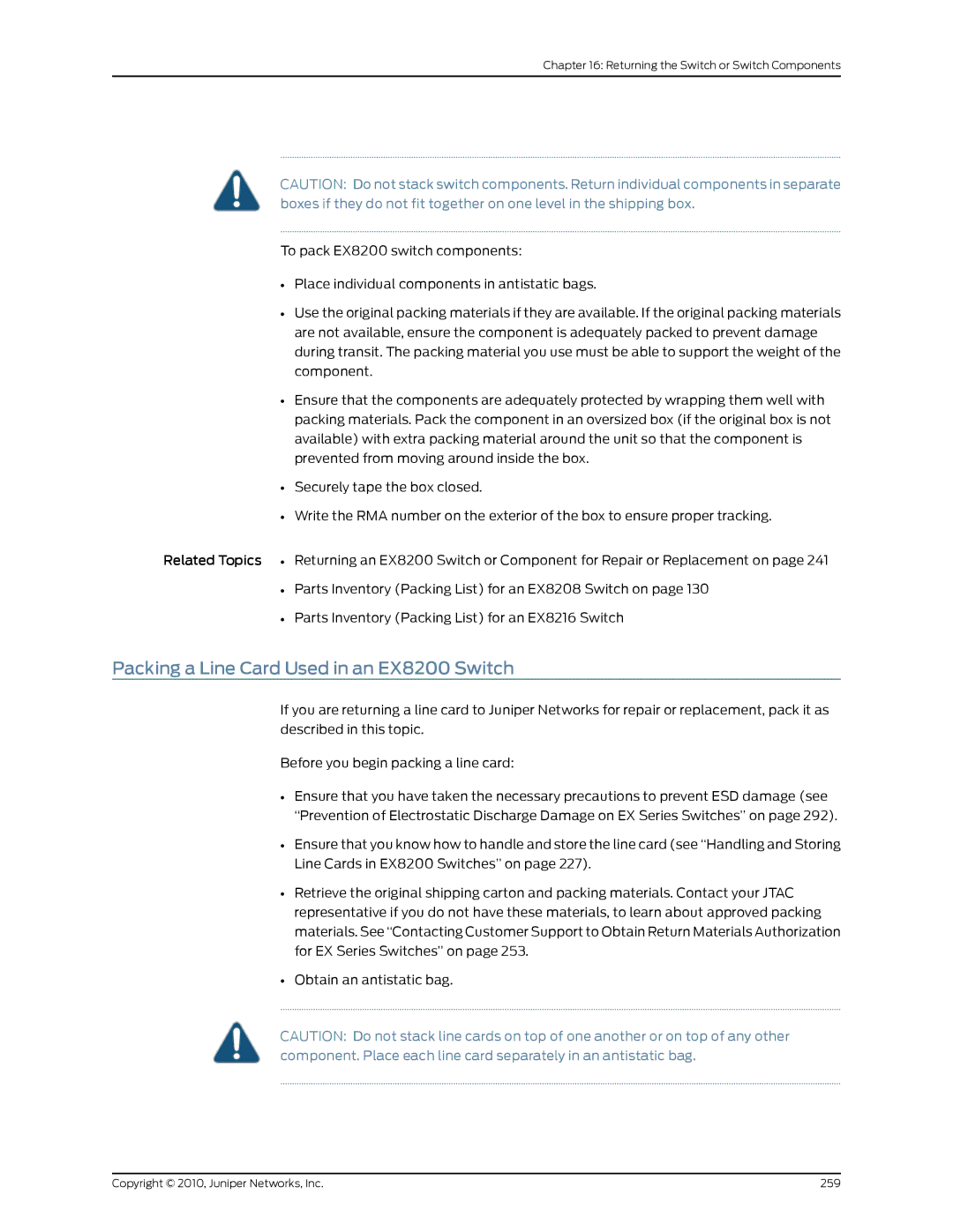 Juniper Networks EX8208 manual Packing a Line Card Used in an EX8200 Switch 