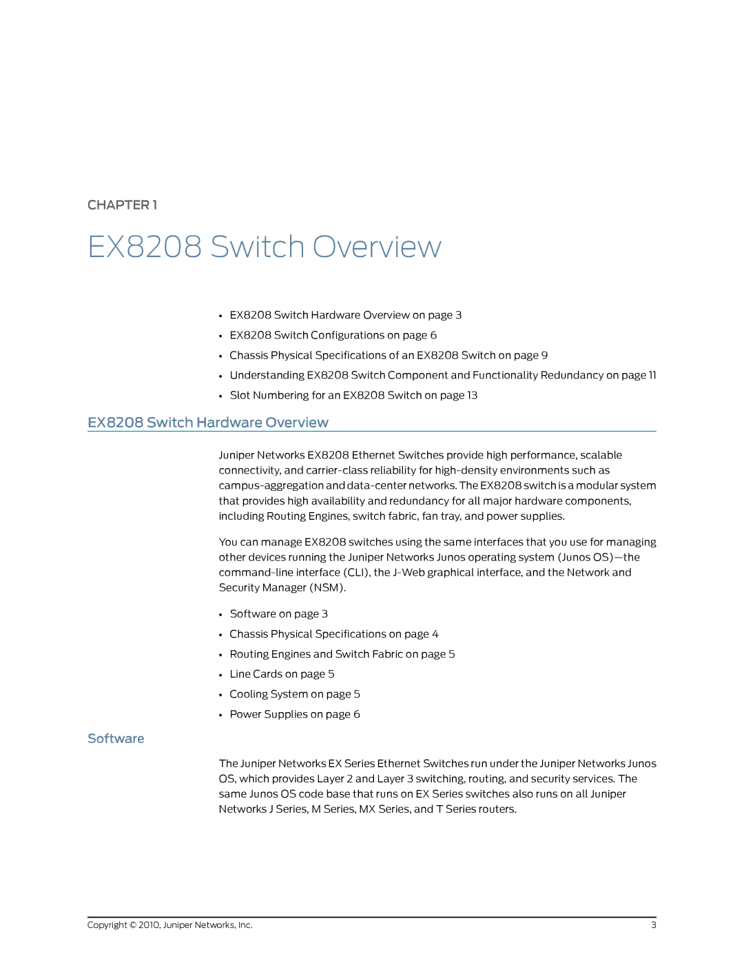 Juniper Networks manual EX8208 Switch Overview, EX8208 Switch Hardware Overview, Software 