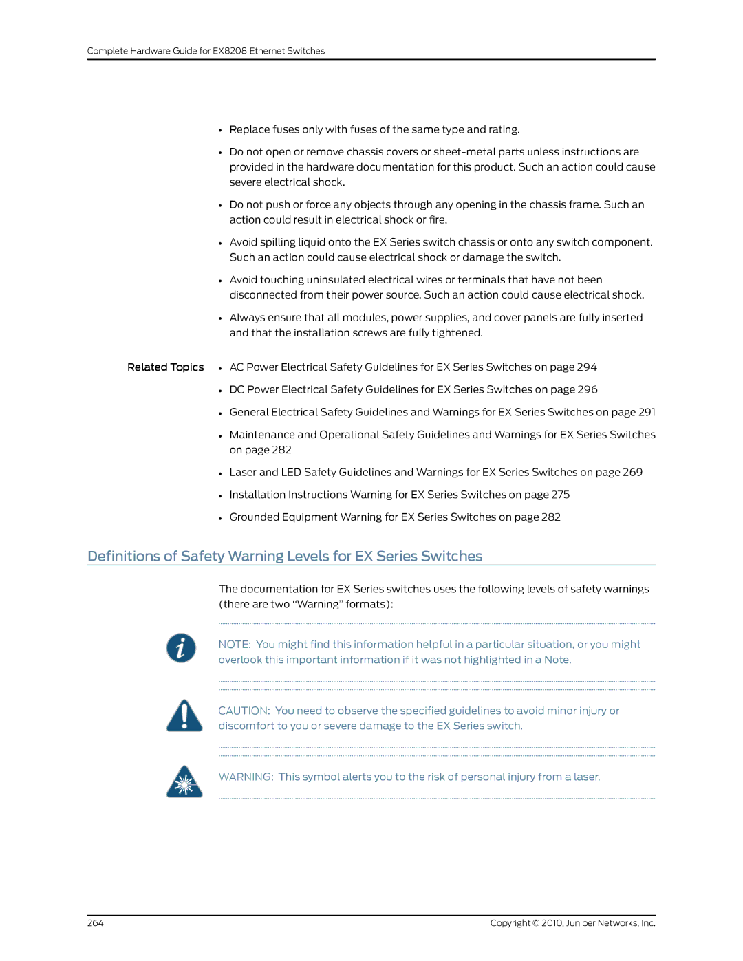 Juniper Networks EX8208 manual Definitions of Safety Warning Levels for EX Series Switches 