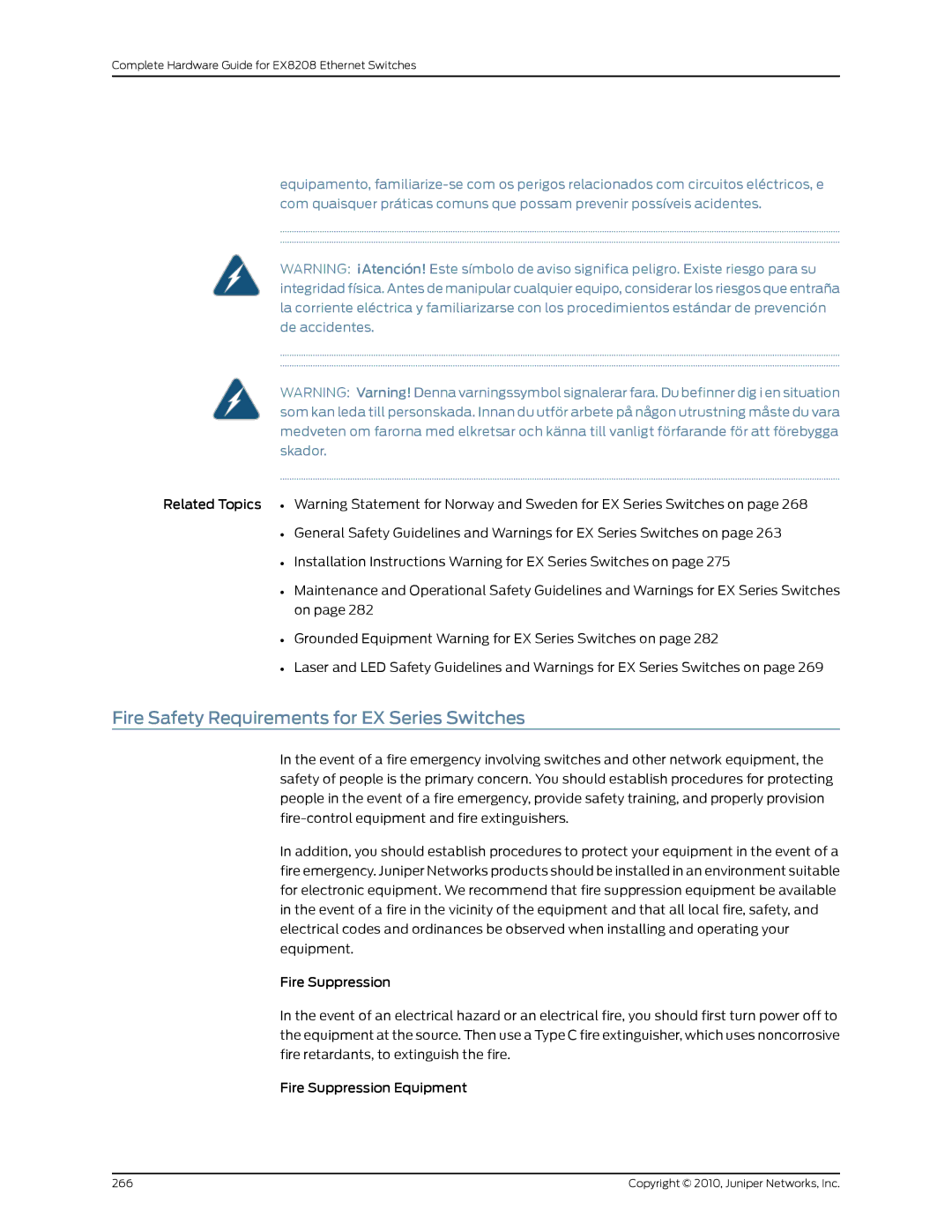 Juniper Networks EX8208 manual Fire Safety Requirements for EX Series Switches 