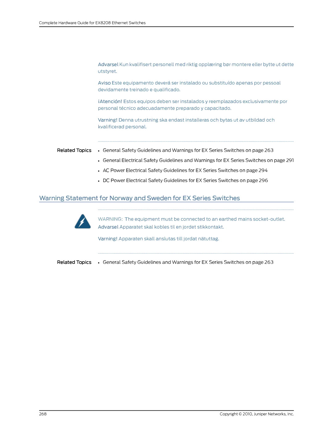 Juniper Networks EX8208 manual Varning! Apparaten skall anslutas till jordat nätuttag 