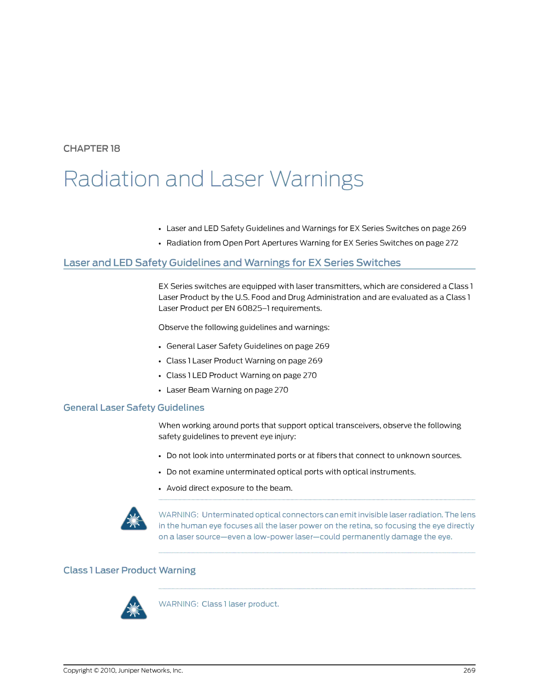 Juniper Networks EX8208 manual Radiation and Laser Warnings, General Laser Safety Guidelines, Class 1 Laser Product Warning 