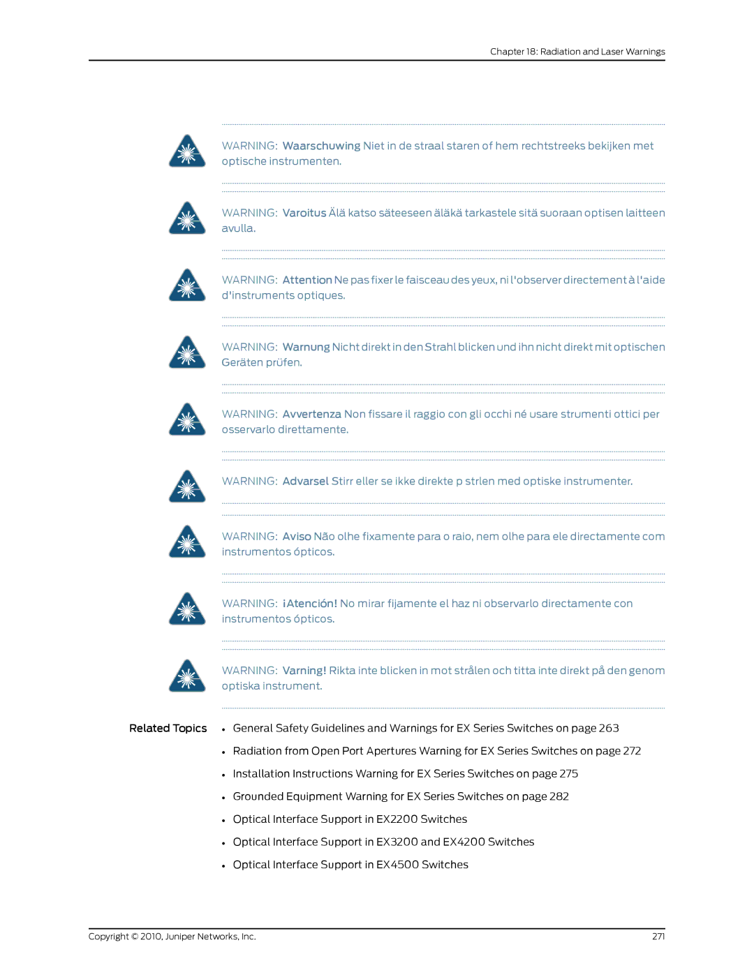 Juniper Networks EX8208 manual Radiation and Laser Warnings 