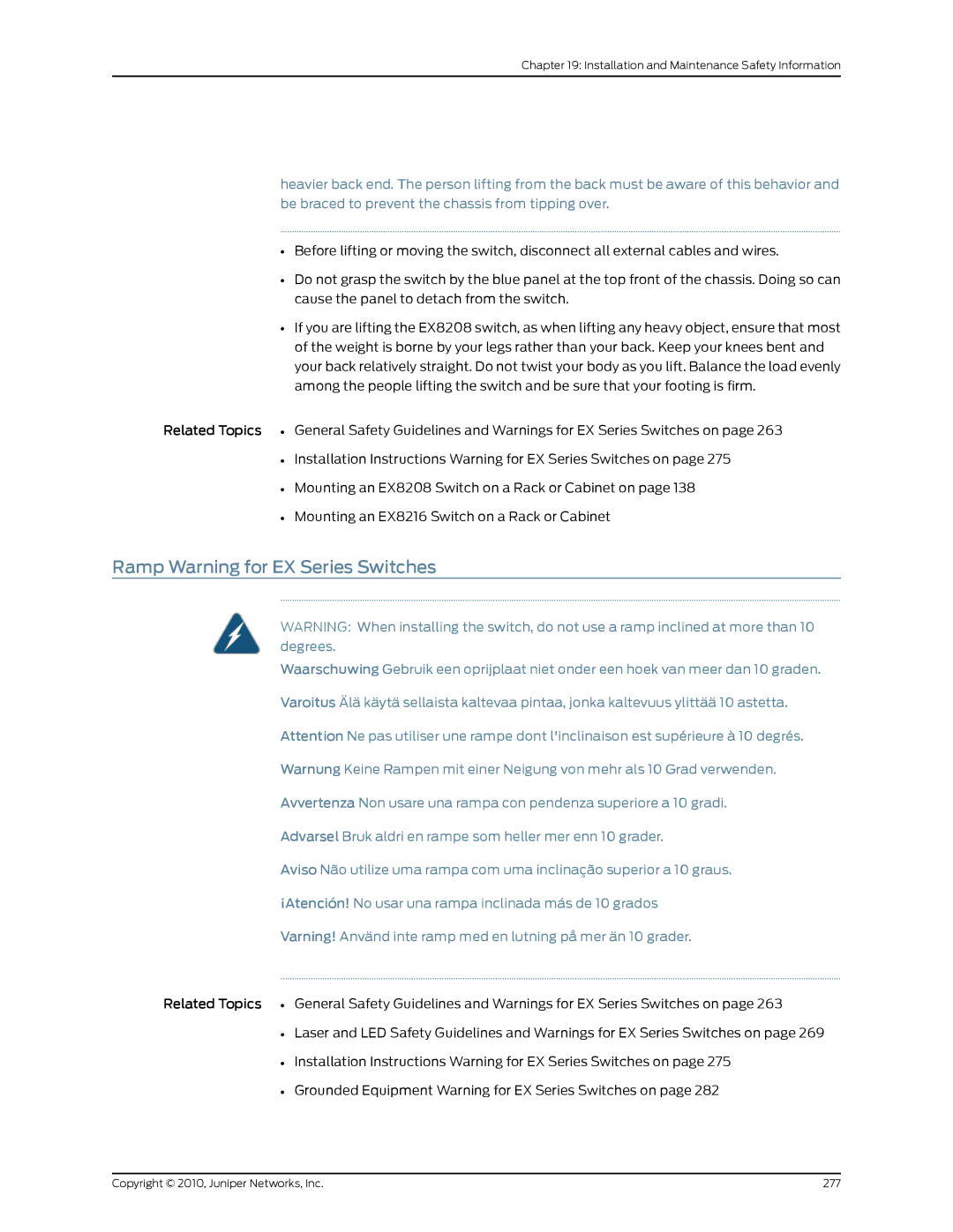 Juniper Networks EX8208 manual Ramp Warning for EX Series Switches 