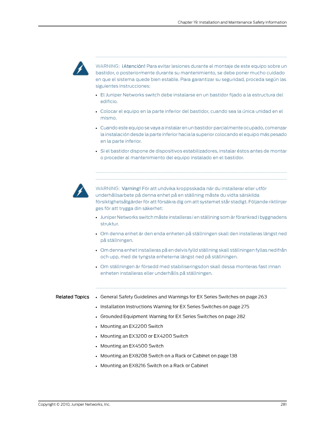 Juniper Networks EX8208 manual Copyright 2010, Juniper Networks, Inc 281 