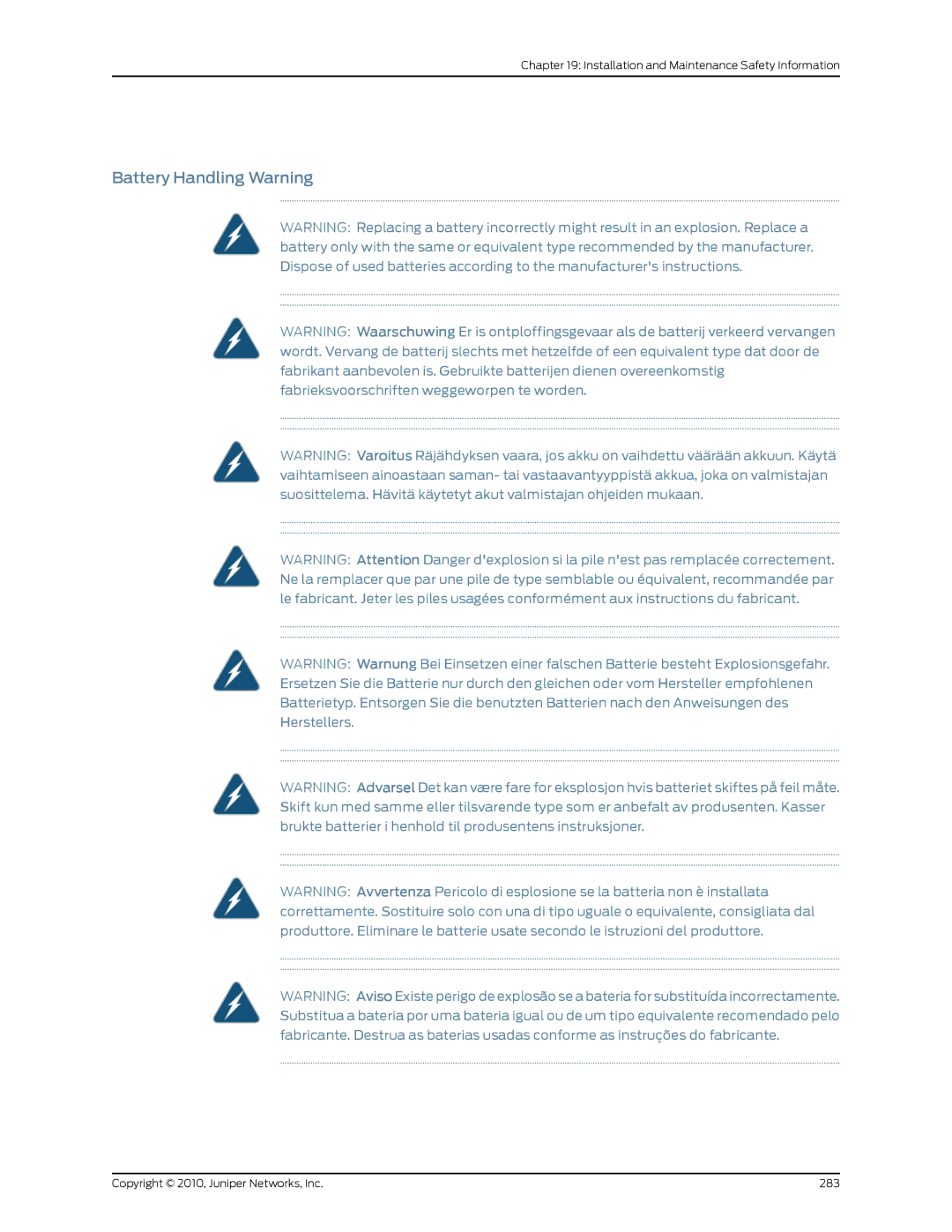 Juniper Networks EX8208 manual Battery Handling Warning 