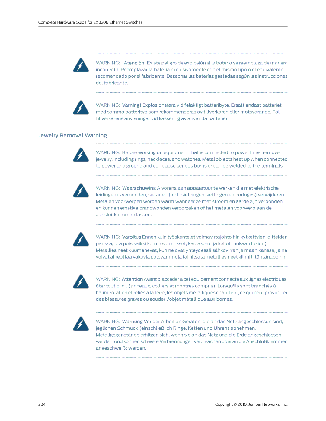 Juniper Networks EX8208 manual Jewelry Removal Warning 