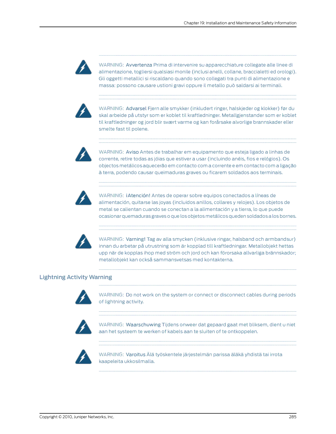 Juniper Networks EX8208 manual Lightning Activity Warning 