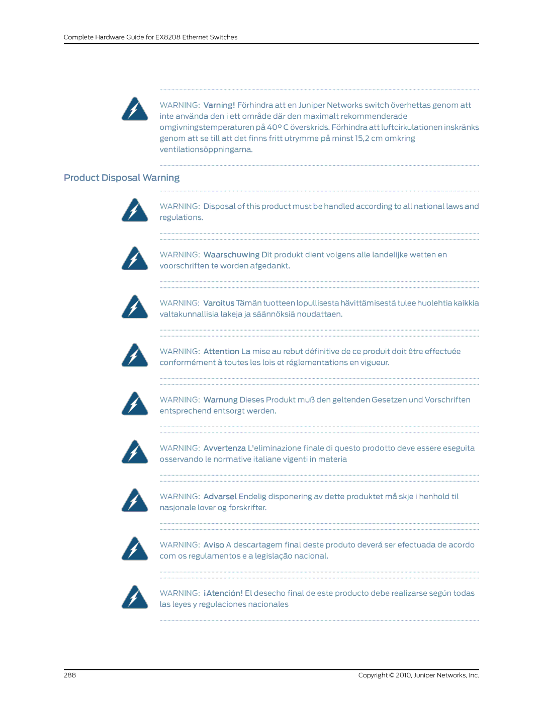 Juniper Networks EX8208 manual Product Disposal Warning 