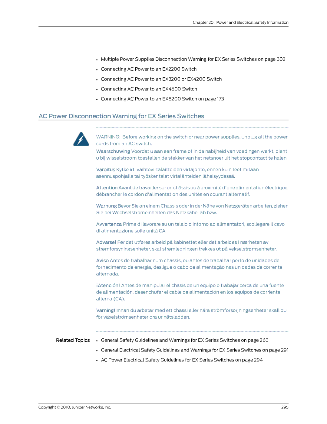 Juniper Networks EX8208 manual AC Power Disconnection Warning for EX Series Switches 