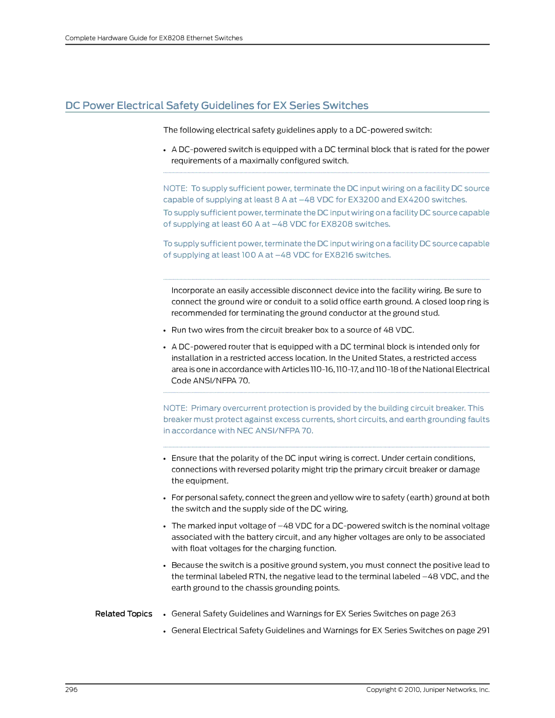 Juniper Networks EX8208 manual DC Power Electrical Safety Guidelines for EX Series Switches 