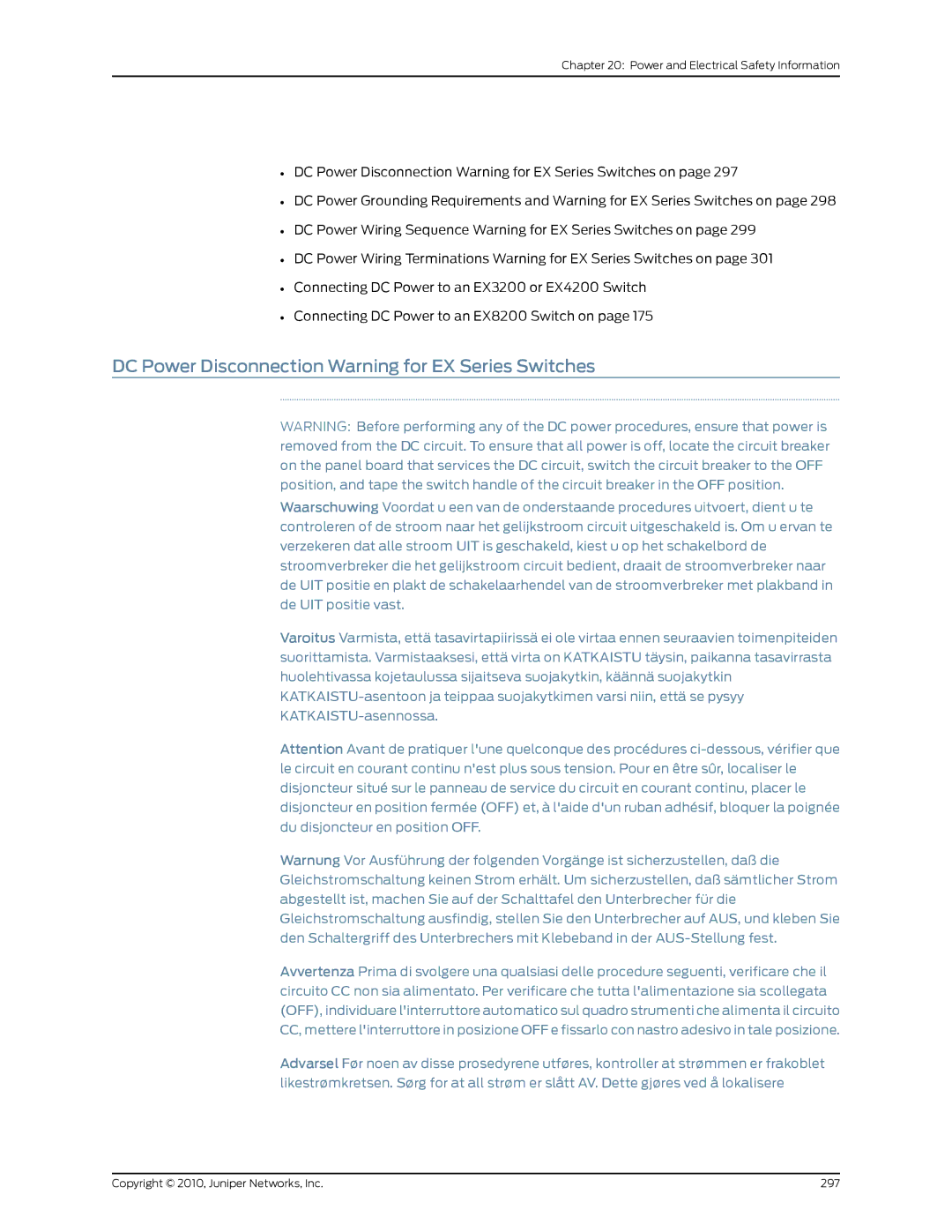 Juniper Networks EX8208 manual DC Power Disconnection Warning for EX Series Switches 