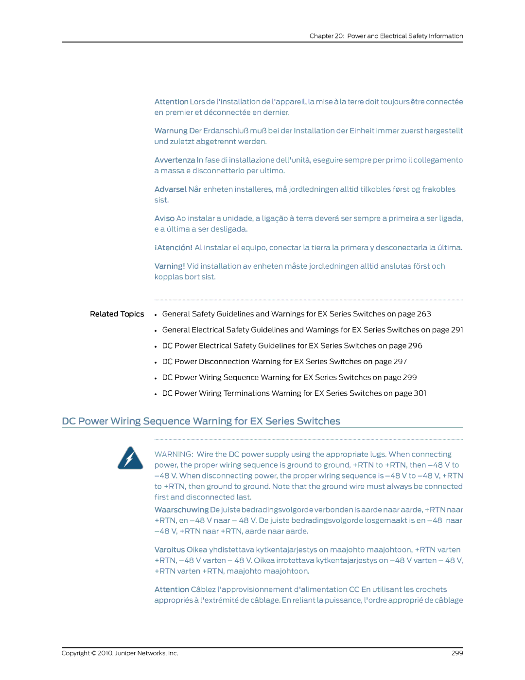 Juniper Networks EX8208 manual DC Power Wiring Sequence Warning for EX Series Switches 