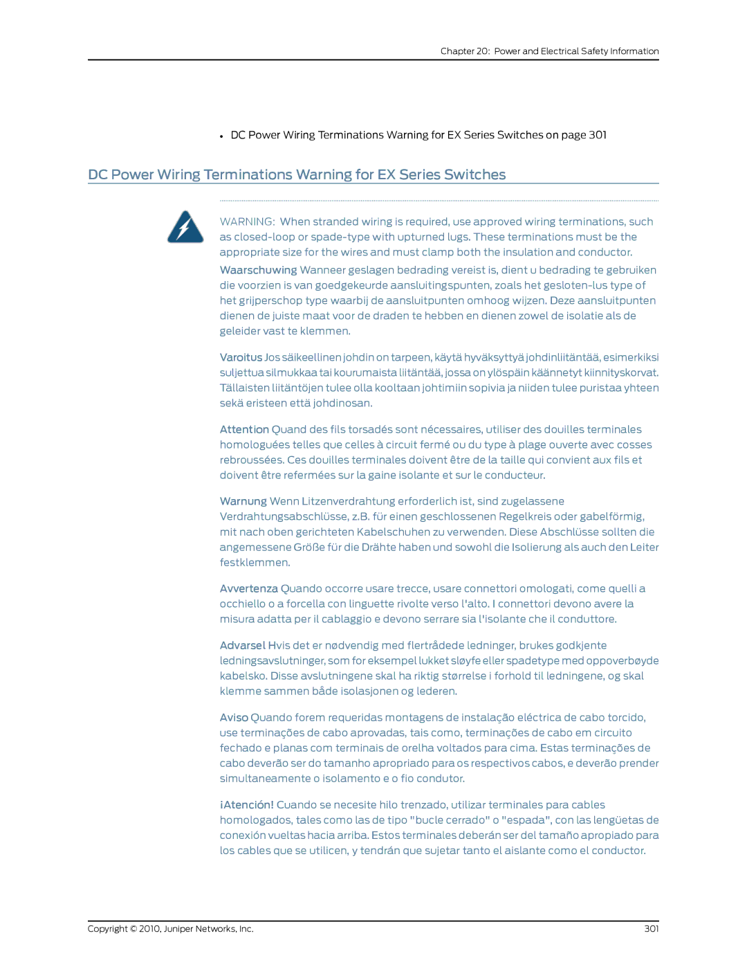 Juniper Networks EX8208 manual DC Power Wiring Terminations Warning for EX Series Switches 