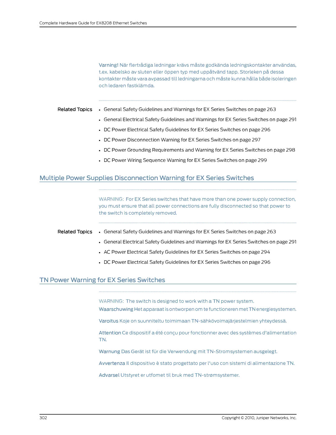 Juniper Networks EX8208 manual TN Power Warning for EX Series Switches 