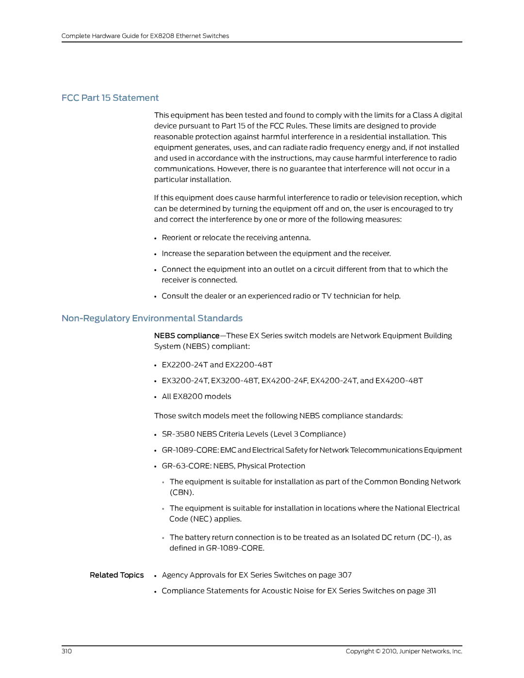 Juniper Networks EX8208 manual FCC Part 15 Statement, Non-Regulatory Environmental Standards 