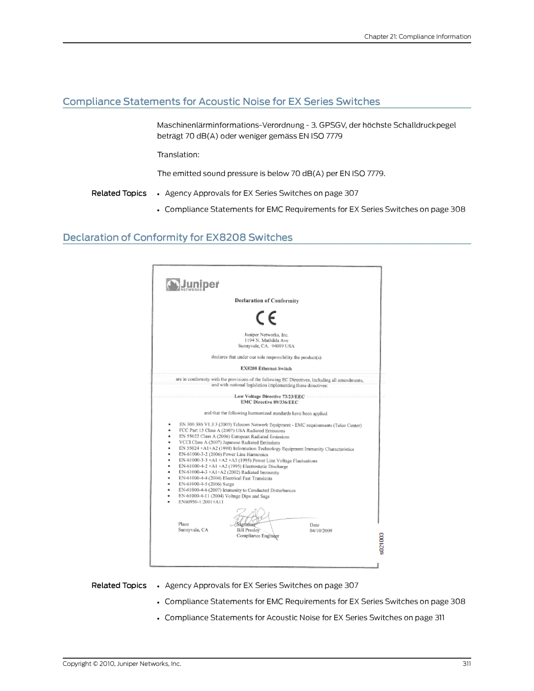 Juniper Networks manual Declaration of Conformity for EX8208 Switches 