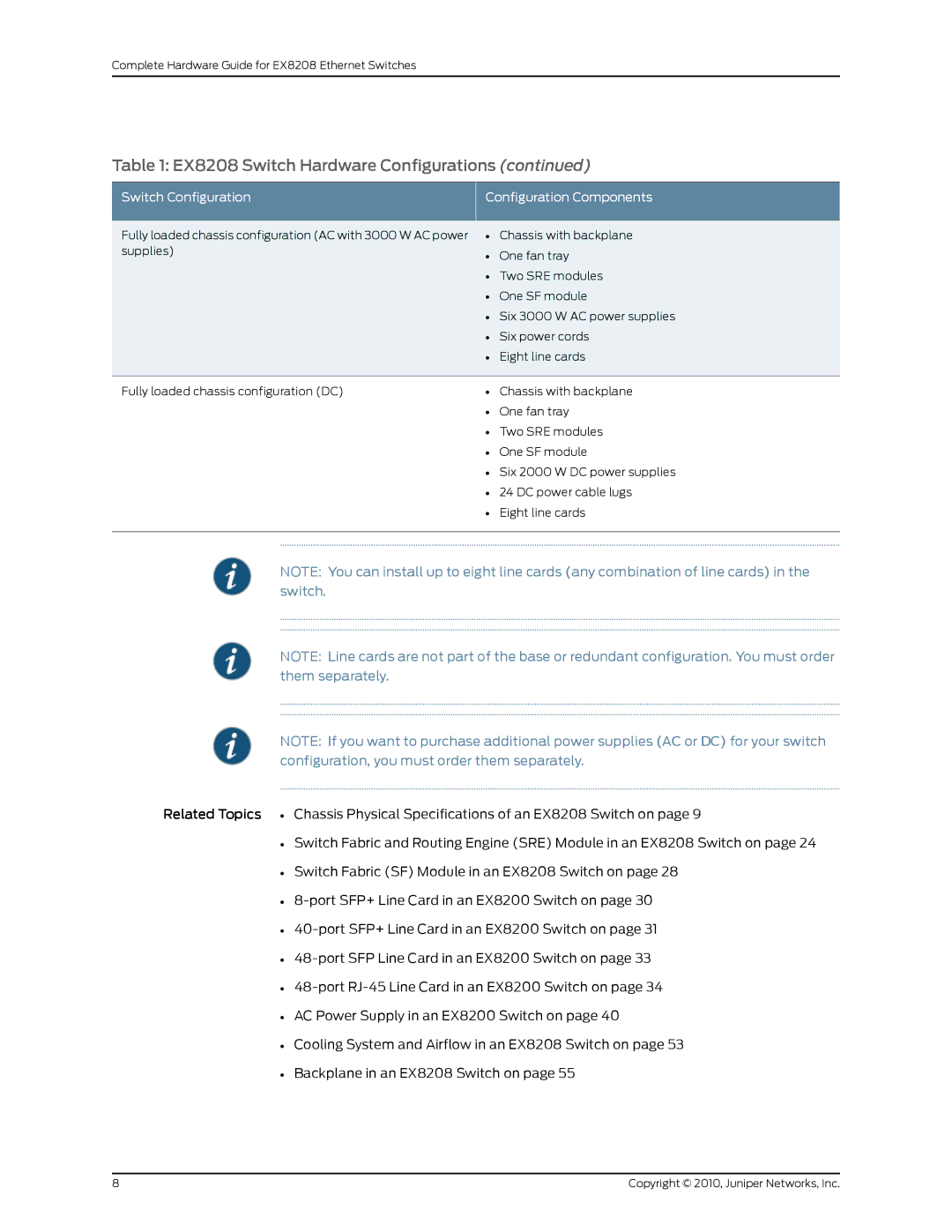 Juniper Networks manual EX8208 Switch Hardware Configurations 