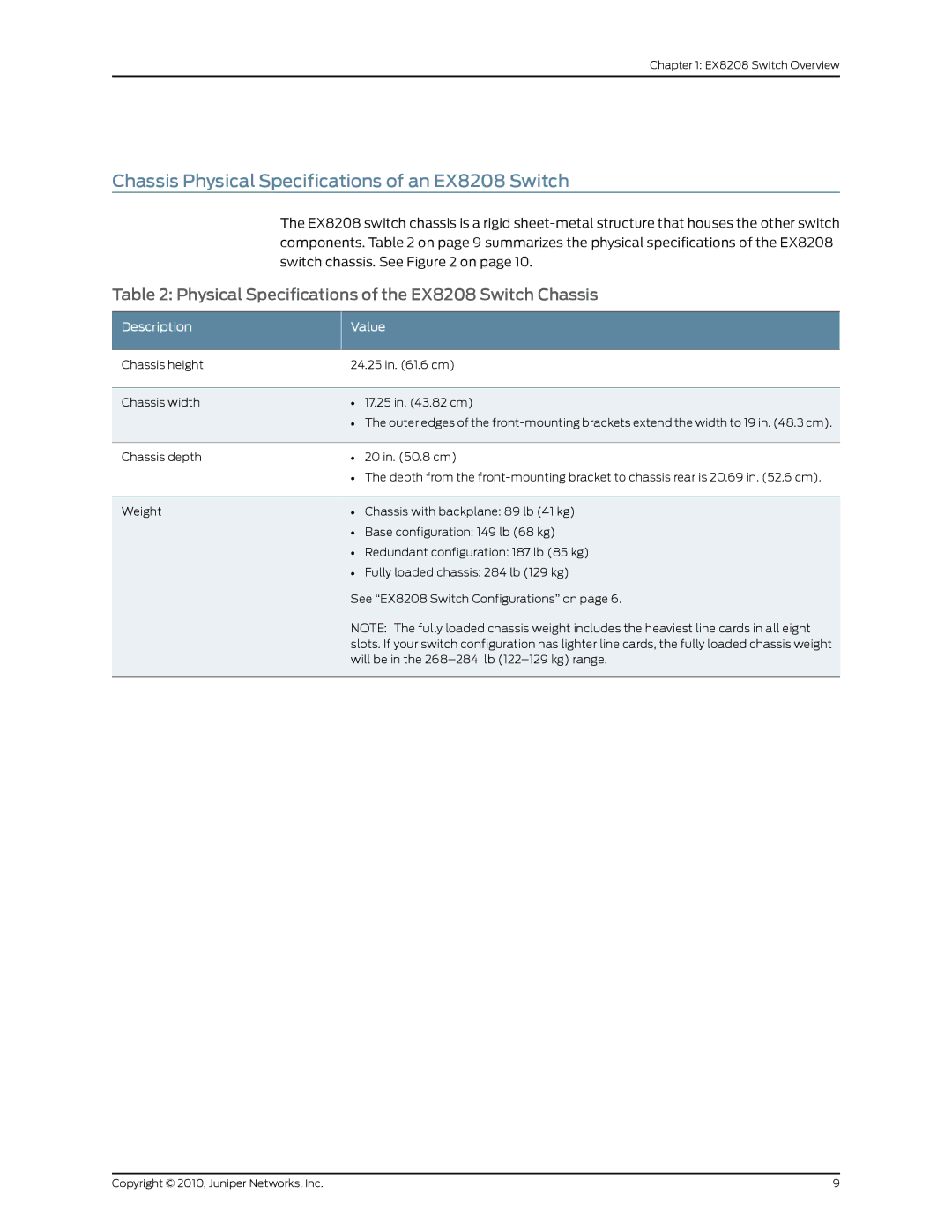 Juniper Networks manual Chassis Physical Specifications of an EX8208 Switch, DescriptionValue 